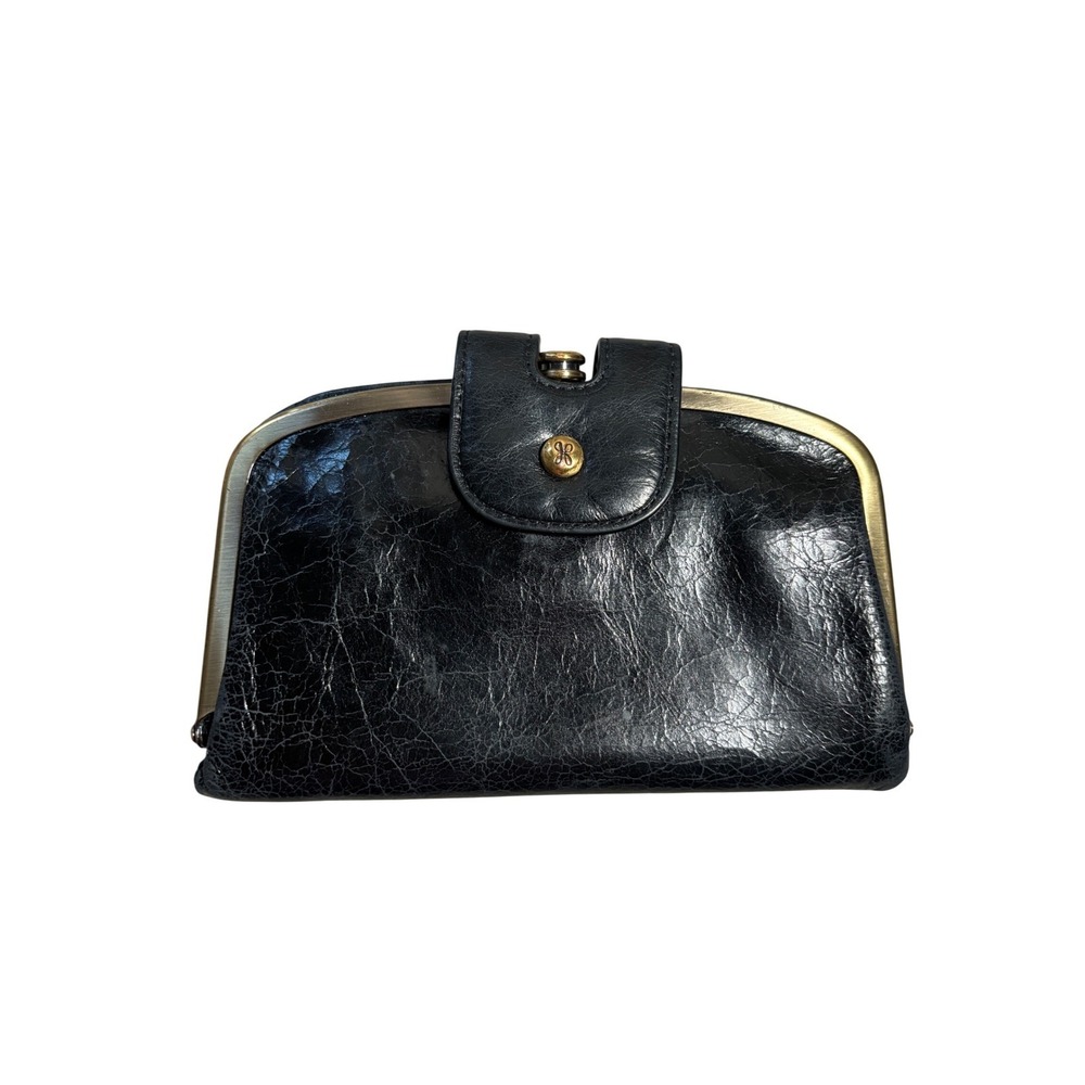 Hobo Lauren Clutch Wallet Black Distressed Vintage Leather Kiss Lock Frame